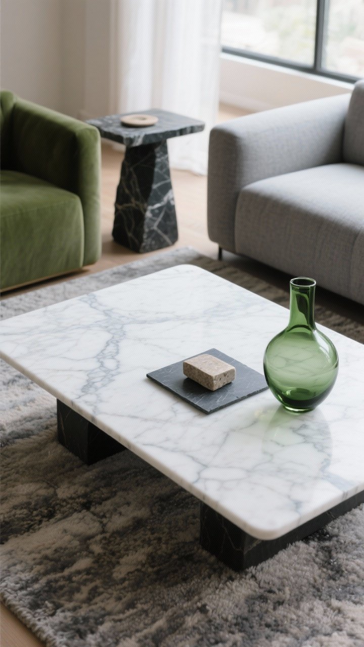 Detail overhead: A white marble coffee table with soft grey veining styled with slate coasters, a small soapstone object, and a green glass vase. Adjacent dark stone side table near green seating visible at the edge. Grey sofa and rug softly blurred in the background. Natural window light to highlight stone textures. Mood: quiet luxury, refined.