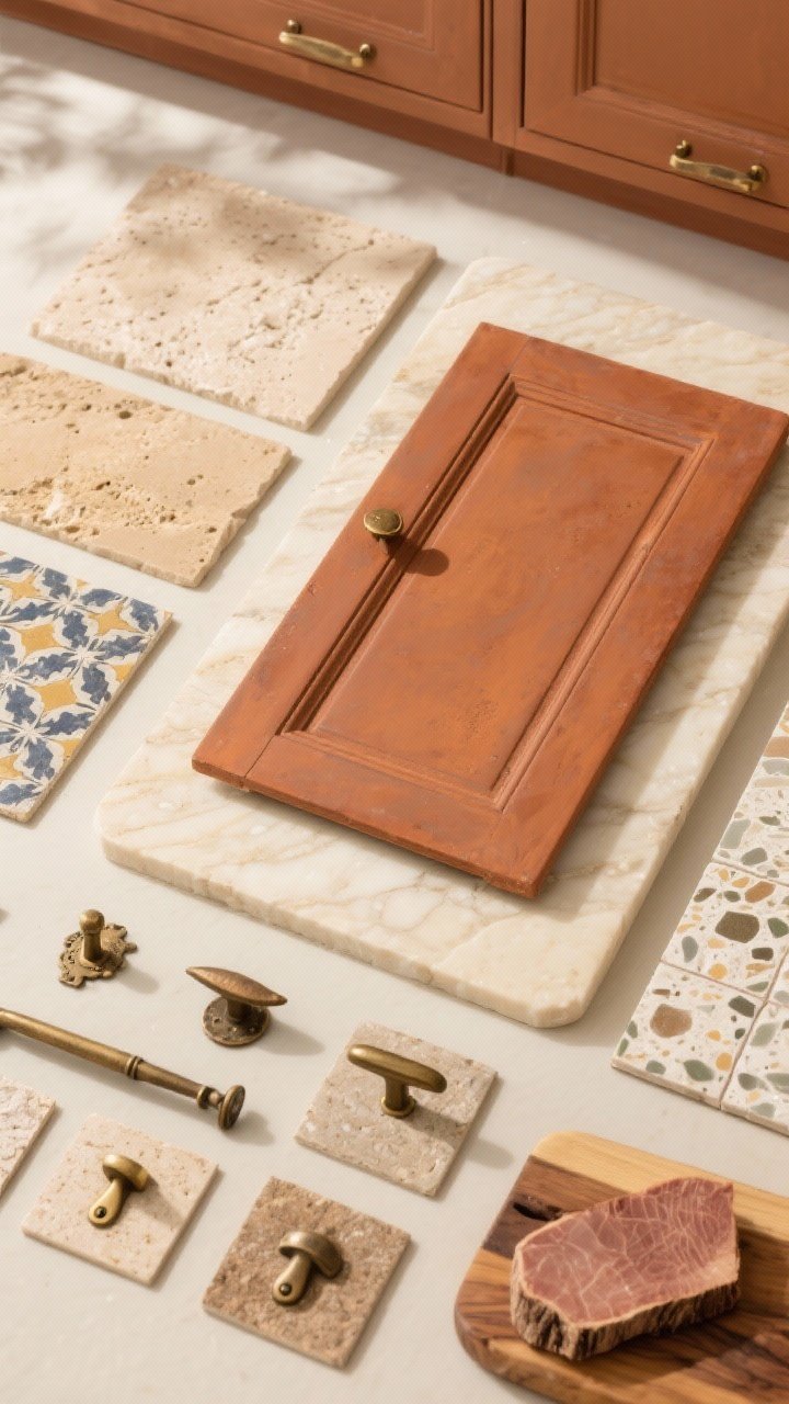 Detail overhead shot of terracotta/clay/muted rust cabinet door sample placed on a creamy quartzite slab; next to it, sand-toned zellige, travertine, and terrazzo tile samples; aged brass and oil-rubbed bronze hardware options arranged neatly; a butcher block slice for warmth; earthy, Mediterranean-inspired palette with soft, sun-warmed natural light; flat lay composition emphasizing texture and color interplay.