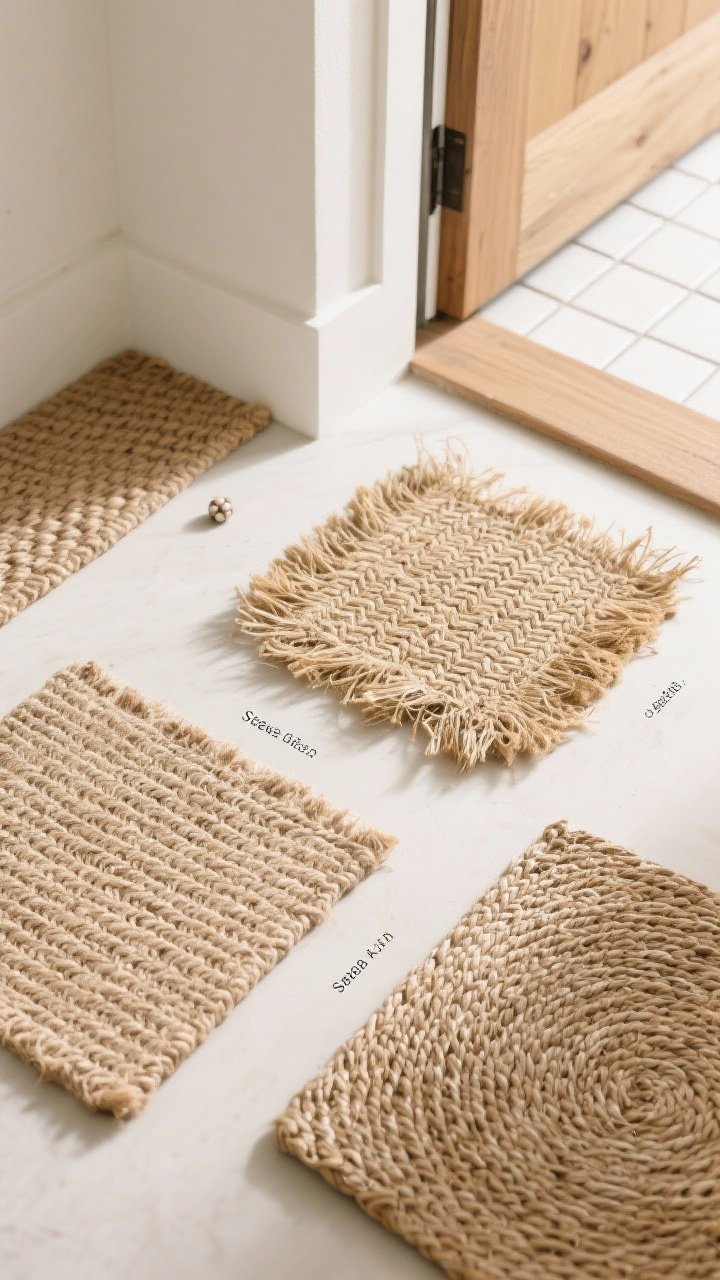 Detail overhead shot of three natural fiber options styled in an entry corner: labeled swatches or small mats of jute (soft, beachy weave), seagrass (tight, stain-resistant, slight sheen), and sisal (structured, crisp); nearby tile-to-wood transition to show warmth; gentle daylight emphasizes weave variation; a small spill bead on seagrass to hint at repellency.