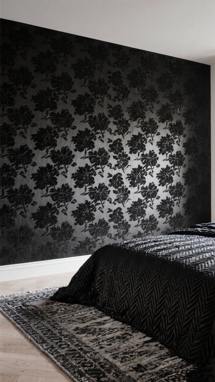 Detail shot: A closeup of tonal pattern play—matte black floral wallpaper with a soft sheen catching the light, a low-contrast Moroccan rug in charcoal tones beneath, and a black jacquard duvet with a subtle herringbone; soft side lighting to reveal pattern depth without loud contrast.