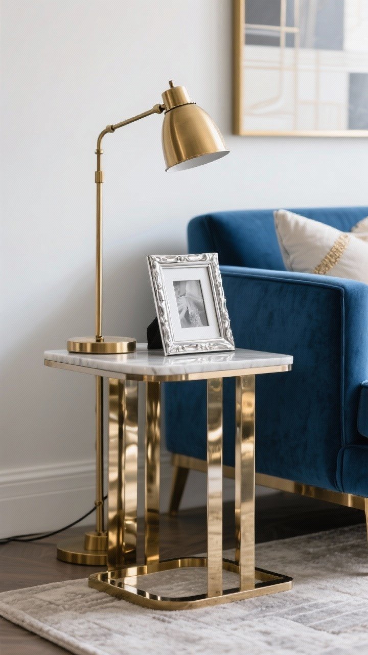 Detail shot: A styled vignette mixing metals around a blue couch—brass floor lamp, brushed nickel side table, and a chrome photo frame on a console; repeated warm and cool metallic accents appear at least three times each; balanced, subtle glam, photorealistic.