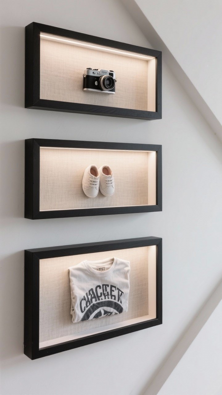 Detail shot: A trio of shadow boxes along the incline at eye level, consistent black frames with neutral linen backdrops. Contents include a vintage camera, a pair of baby shoes, and a concert tee neatly folded. Subtle spotlighting enhances depth without glare, clean white wall, photorealistic.
