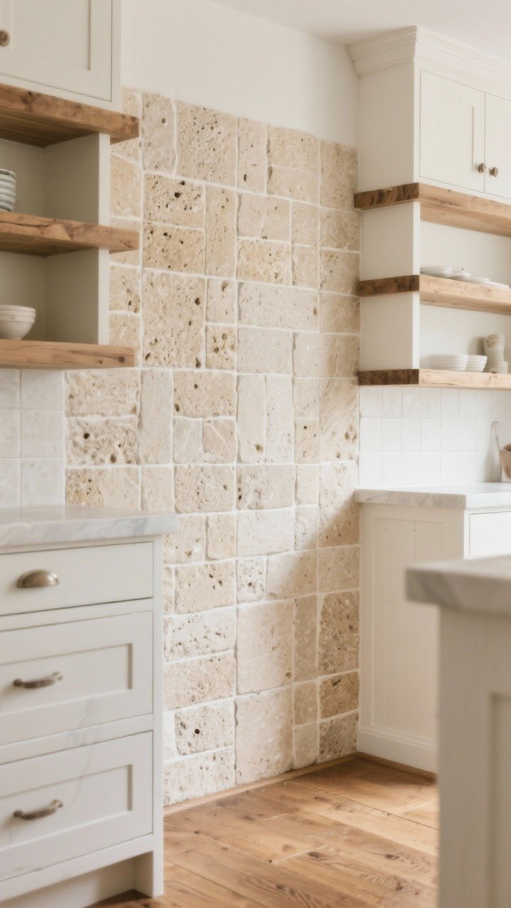Detail shot at a shallow angle of tumbled travertine backsplash in small square tiles with a creamy, textured surface and light neutral grout. Pair with white cabinets, oak open shelves, and a glimpse of warm oak flooring. Natural light highlighting stone patina and pores; European farmhouse warmth; photorealistic.