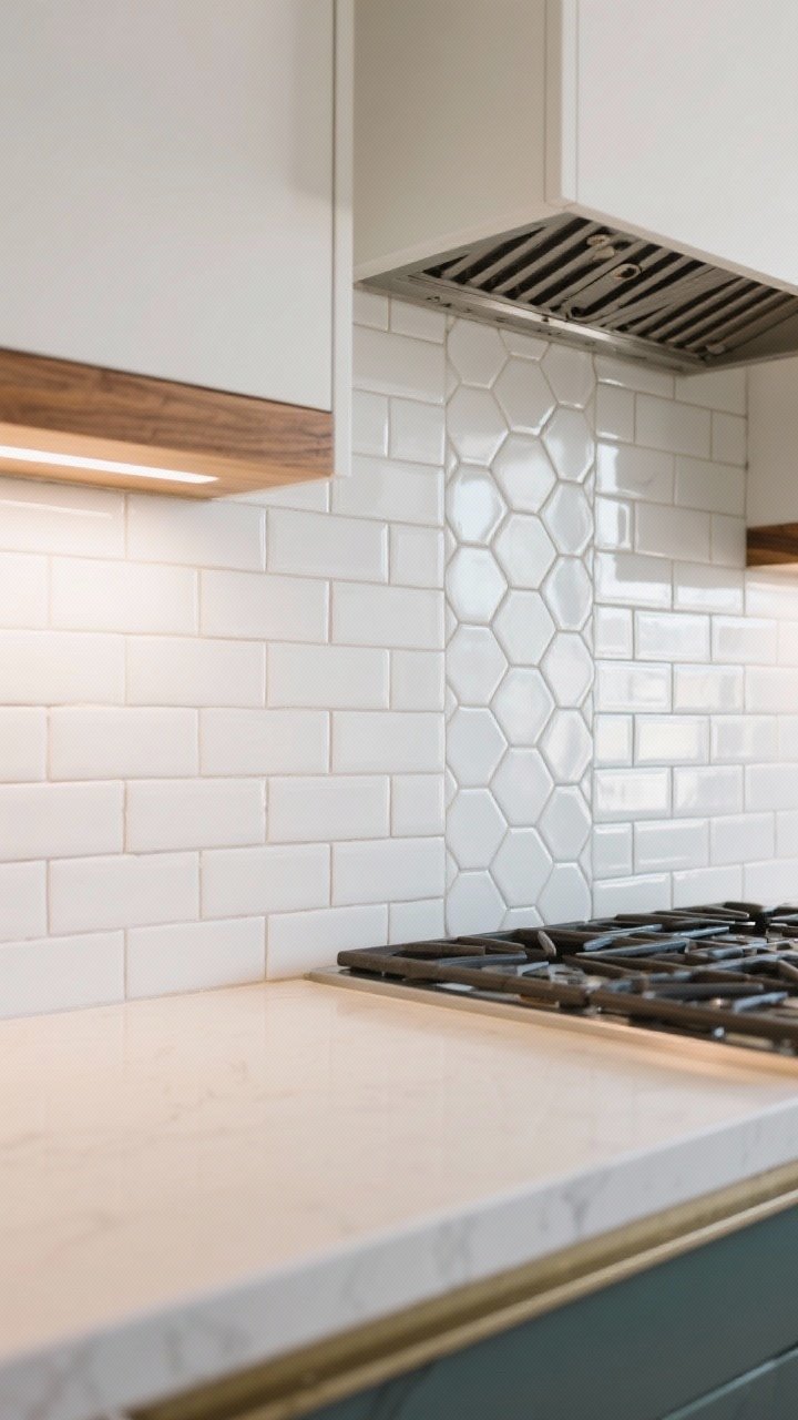 Detail shot: Backsplash focus showing vertical stacked subway tiles in soft white with thin, tidy grout lines. Adjacent panel shows elongated hex accent section near the range; simple light countertop to balance the pattern. Include a glimpse of a teak shelf edge for mid century warmth. Even, bright task lighting under cabinets, photorealistic tile texture.