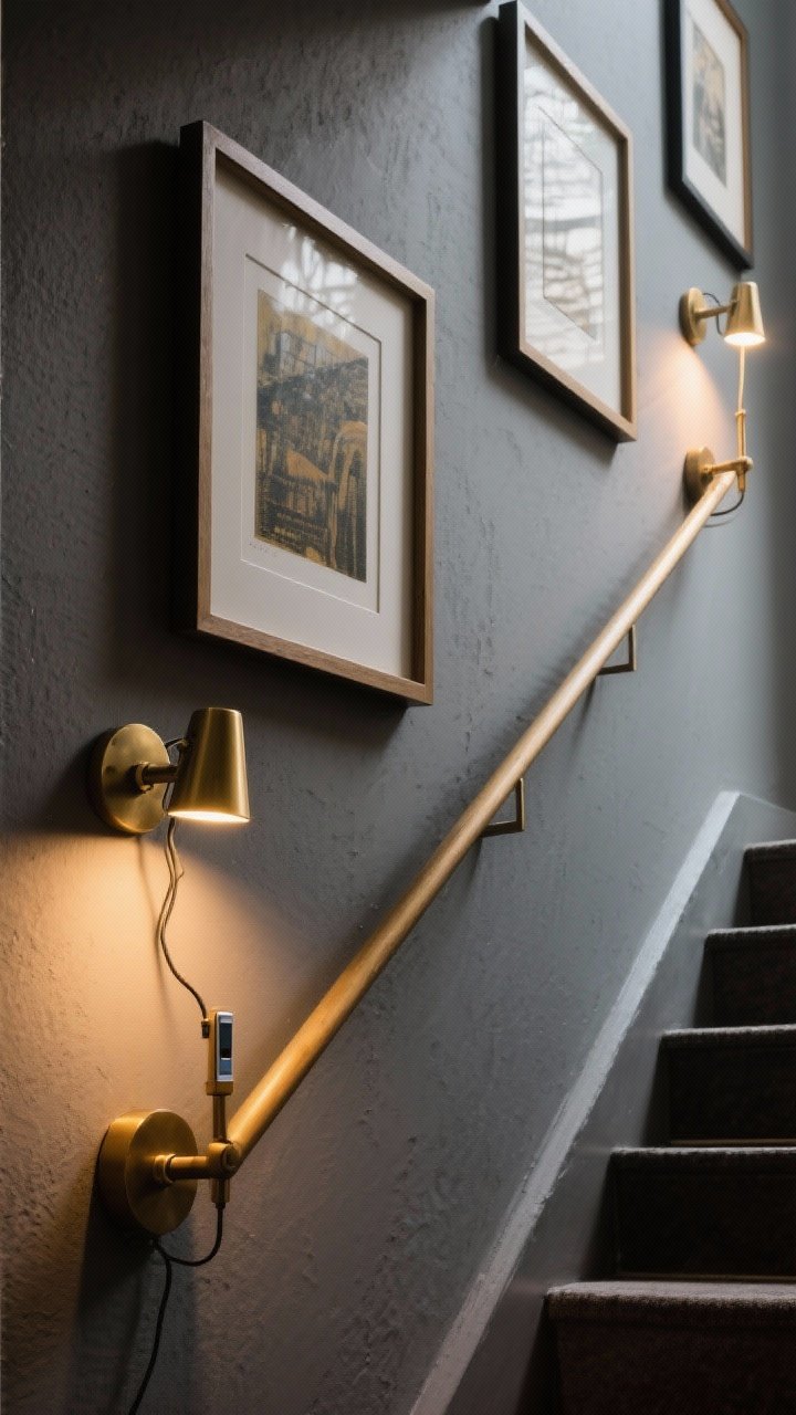 Detail shot: Brass picture lights and slim-armed sconces mounted above framed art on a stair wall, beams angled to illuminate focal pieces. One hardwired fixture with concealed wiring and one discreet battery-powered picture light visible. Darkened corner turned dramatic with focused warm light, textured matte paint wall, photorealistic.