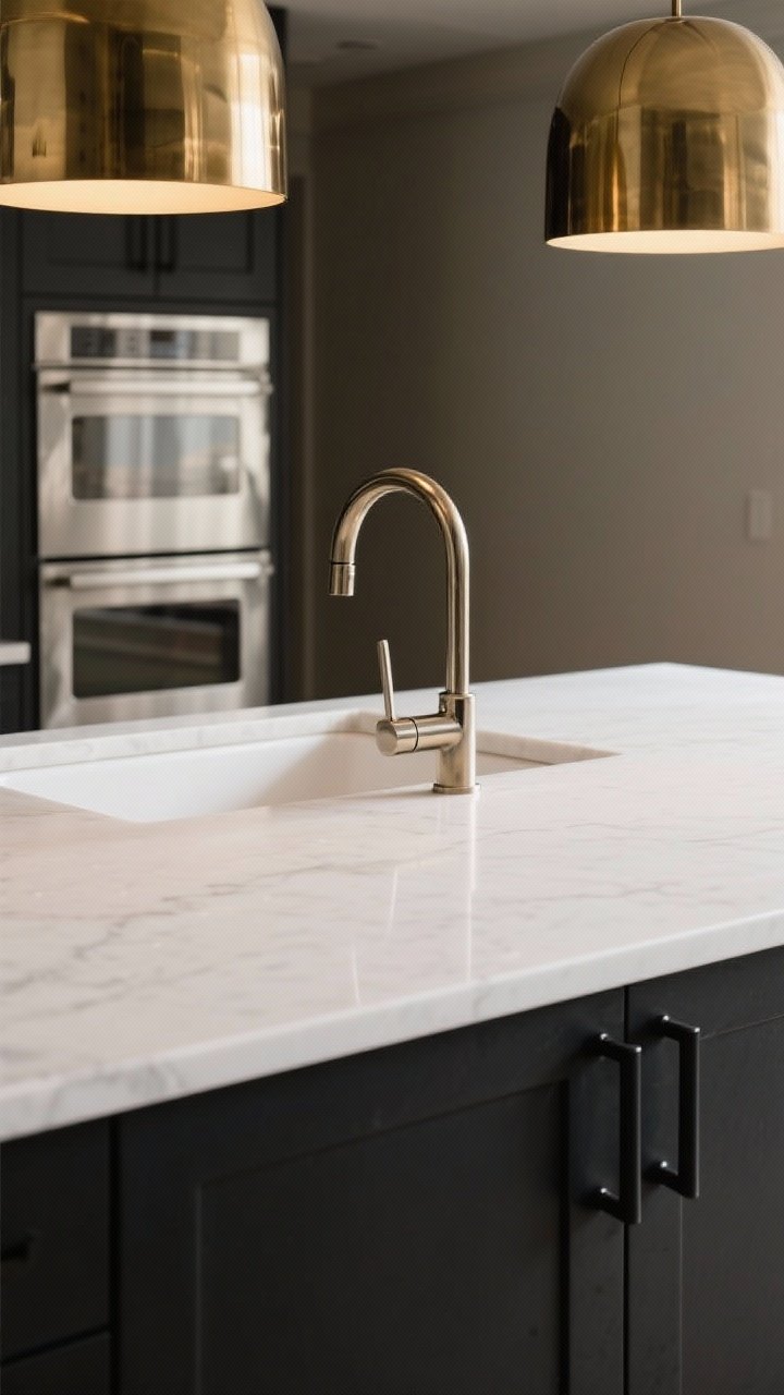 Detail shot: Closeup of mixed metals on a white countertop and black island edge—matte black cabinet pulls, a polished nickel bridge faucet over a white undermount sink, and a pair of brushed brass pendant reflections above; stainless steel appliance edge visible; warm neutral lighting to highlight finishes, repeated metals for a curated look.