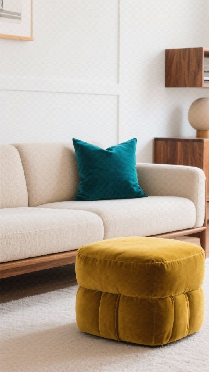 Detail shot: Color accents the mid-century way—mustard velvet ottoman and teal pillow on a neutral oatmeal sofa, balanced by walnut wood elements. Soft white walls keep the base calm. Gentle daylight highlights saturated tones without overpowering, restrained and sophisticated.