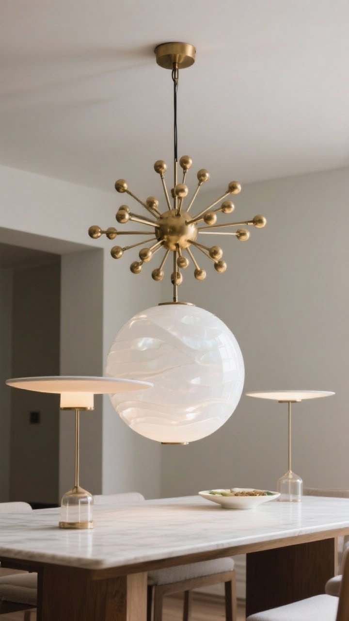 Detail shot from slightly below: A sculptural pendant centerpiece over a dining table—choose one: a large white opal globe pendant, a brass sputnik chandelier, or a saucer lamp—sized appropriately (diameter ≈ table width/