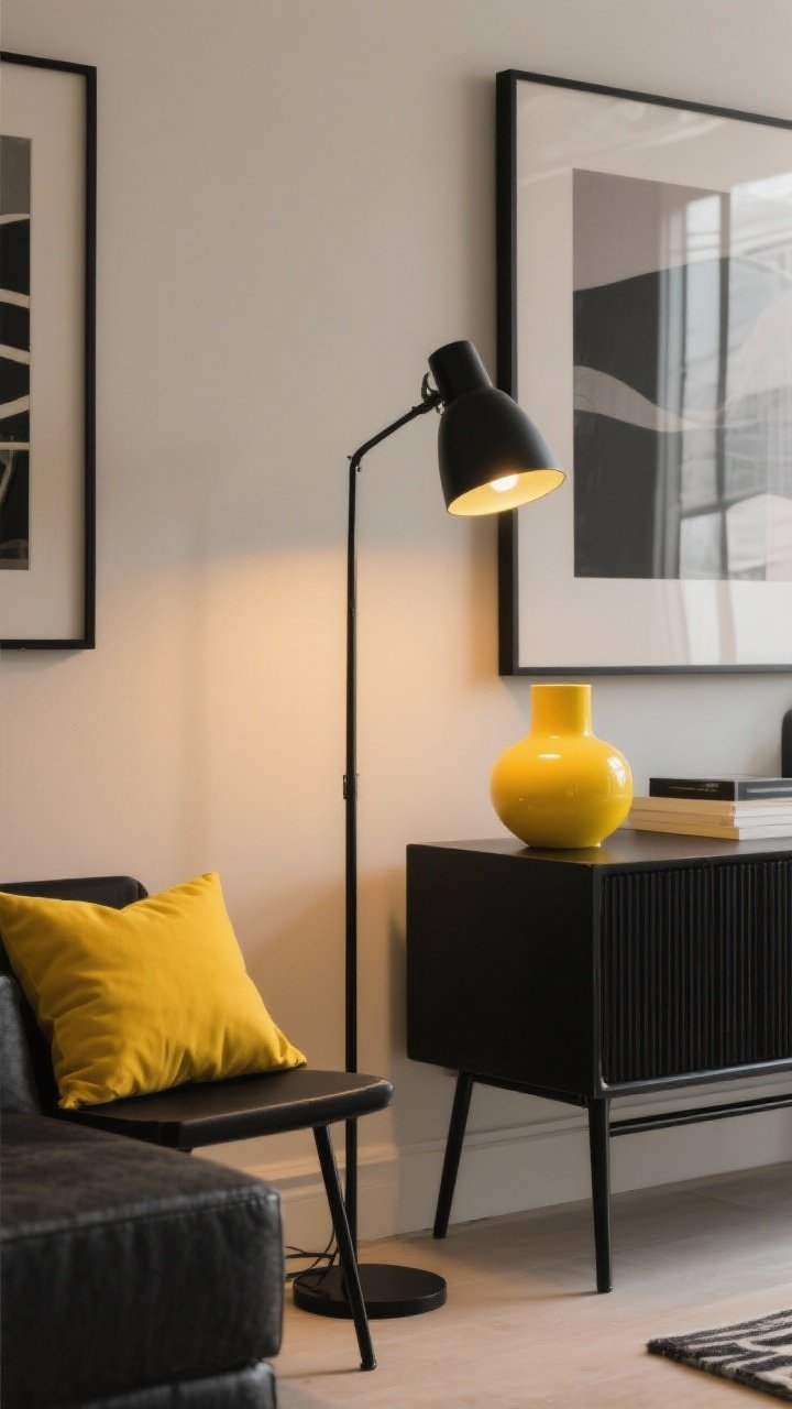 Detail shot highlighting chic yellow-and-black contrast: a yellow accent (vase or pillow) near black elements—sleek black floor lamp with warm bulb, black picture frames, and furniture with black metal legs. Keep it modern and sophisticated, avoiding bumblebee feel. Neutral backdrop, warm lighting emphasizing structure and lines.