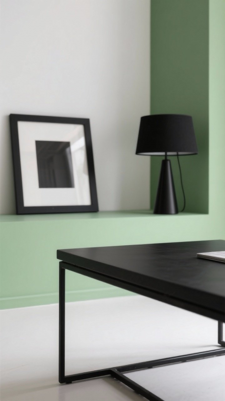Detail shot highlighting high-contrast black accents in a green-and-white room: matte black metal coffee table edge, black picture frame, and a black lamp base; limited to 10–15% of the scene; the rest shows white surfaces and green elements; soft, non-glossy lighting for a modern feel
