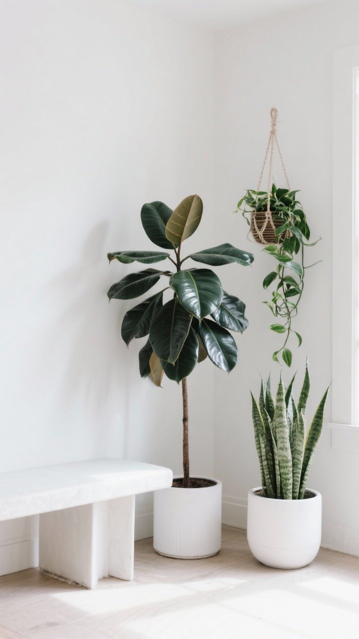 Detail shot of a curated plant vignette: a white bench styled with a tall fiddle leaf fig, a medium rubber plant, and a trailing pothos in a hanging planter nearby; snake plant in a white pot on the floor; arranged in threes against a white wall, bright natural light highlighting glossy leaves and sculptural forms