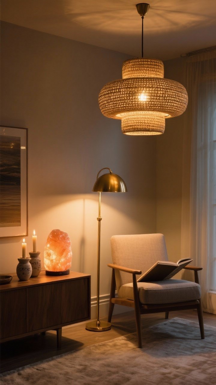 Detail shot of layered lighting: dimmed woven pendant overhead, a brass floor lamp positioned by a reading chair for task light, and ambient candles in ceramic holders alongside a softly glowing salt lamp on a console; all bulbs warm 2700K; evening scene with controlled, golden illumination and subtle shadows.