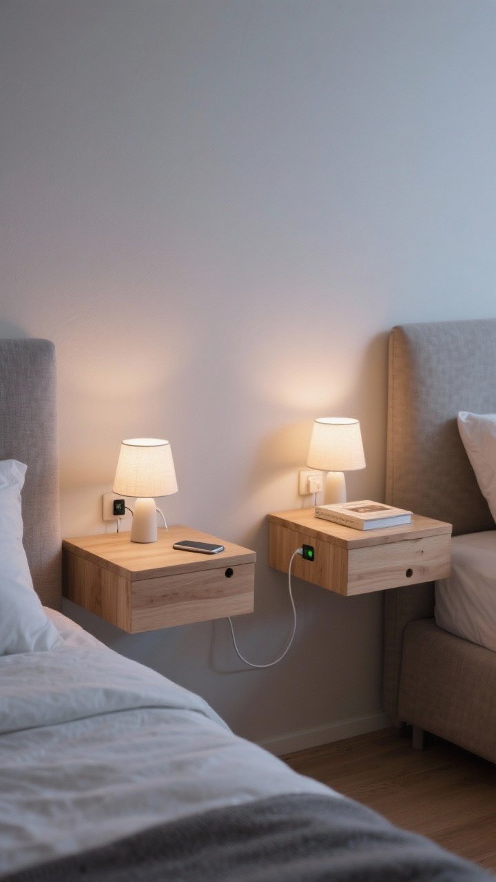 Detail shot of matching floating nightstand shelves (8–10 inches deep) in light oak mounted on either side of a bed, each with a concealed cord grommet guiding a phone charger, a compact lamp, and a small book; clean wall backdrop, symmetrical placement, soft evening glow, photorealistic