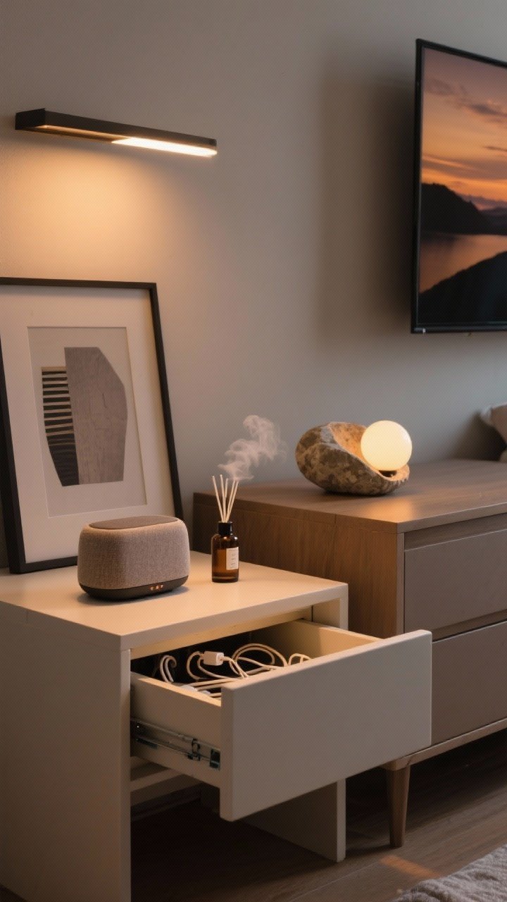 Detail shot of minimal, quiet tech solutions: a nightstand drawer slightly open revealing a built-in charger managing hidden cords; warm smart bulbs set to a dim evening scene; a compact fabric-covered speaker on the dresser; a frame-style TV on the wall displaying art mode; a stone-shelled essential oil diffuser emitting a subtle plume; warm, cozy lighting.