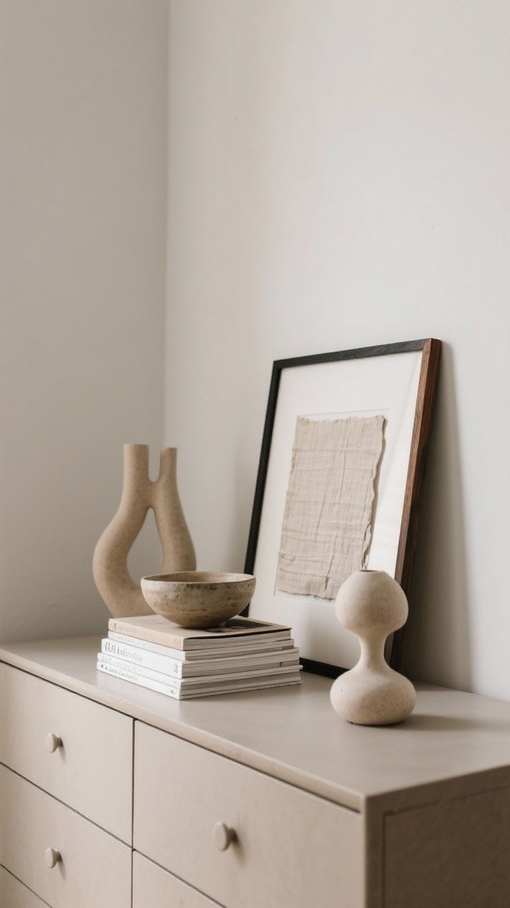 Detail shot of organic art and sculptural decor on a dresser: stacked neutral art books, a handmade ceramic bowl, a small sculptural object, and a framed linen or textured paper artwork in a thin black or wood frame leaning against the wall; negative space around pieces, calm minimal palette, soft side lighting enhancing texture.