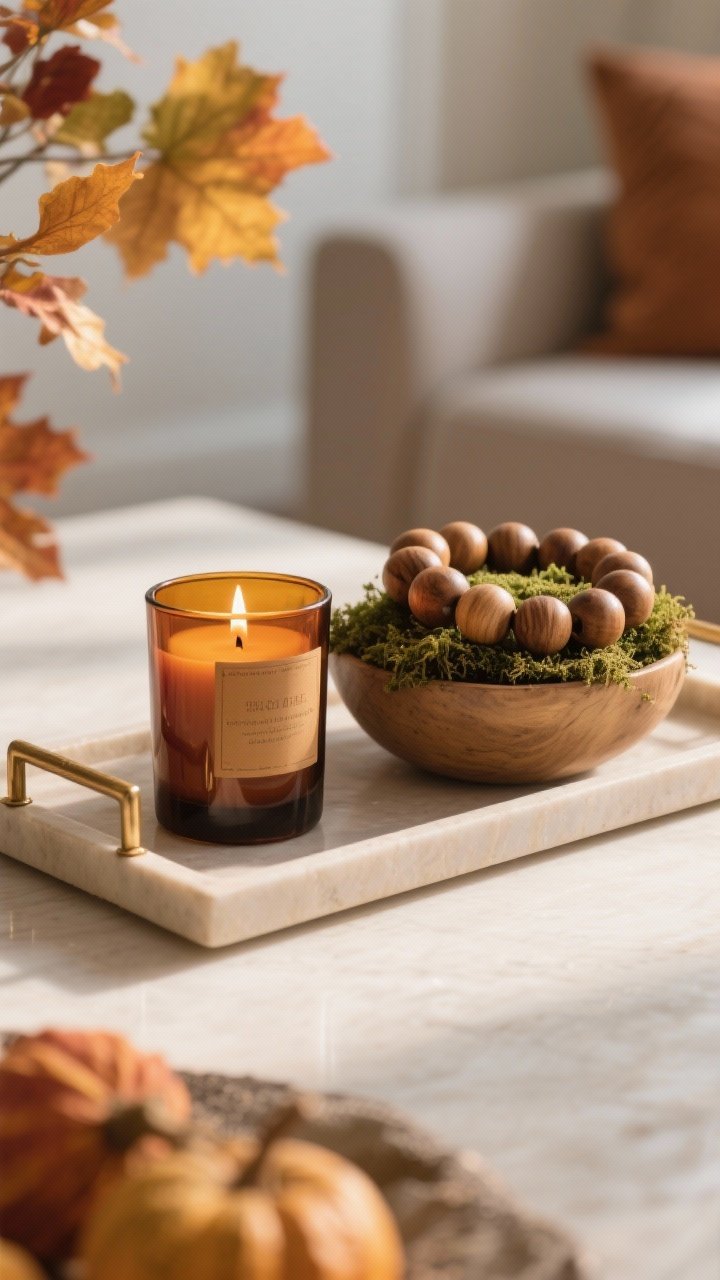 Detail shot of seasonal switch-ups: display a small grouping for fall—amber glass candle, wood beads, and a moss-filled bowl—on a neutral base tray. Include hints of brass. Warm afternoon light for a cozy autumn mood; shallow depth of field emphasizing textures and rich tones.