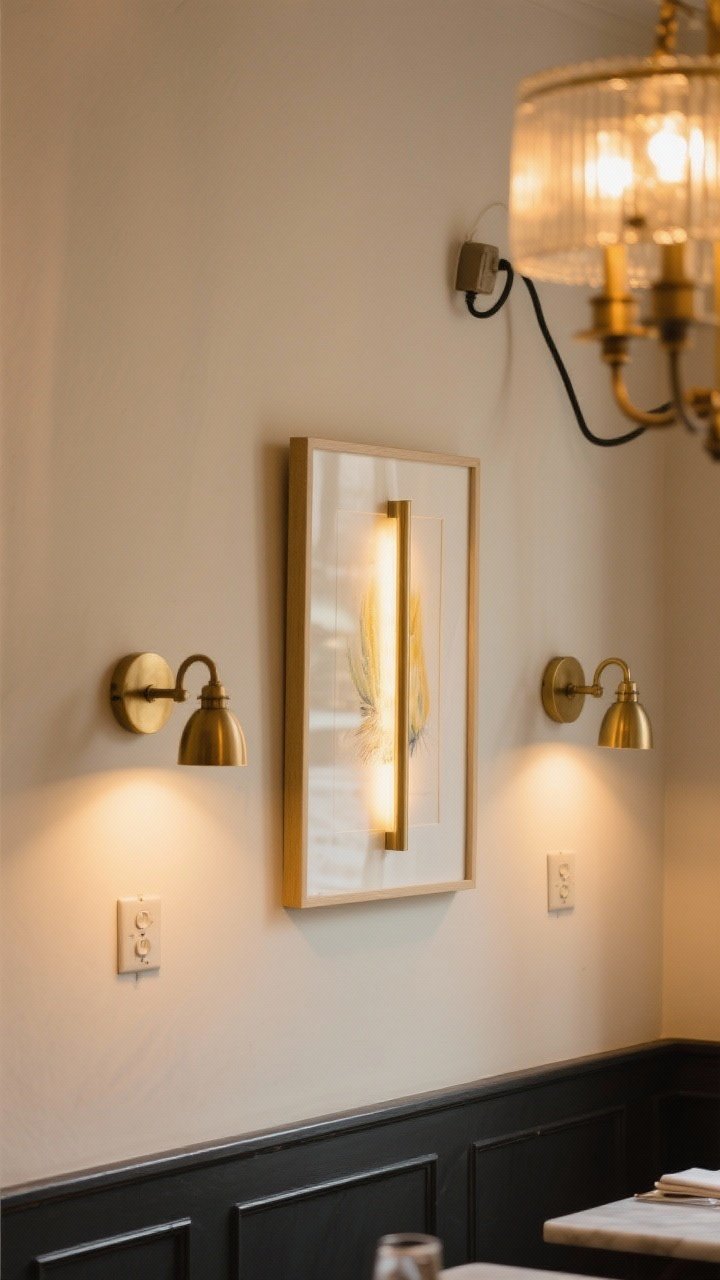 Detail shot of wall lighting: a pair of brass swing-arm sconces flanking a framed artwork and a slim brass picture light washing the art with a soft, warm glow; dimmers set for evening ambiance; metal finishes match nearby chandelier; plug-in cords neatly managed to feel custom; creamy wall casts gentle pool of light, no harsh glare, intimate restaurant-level mood