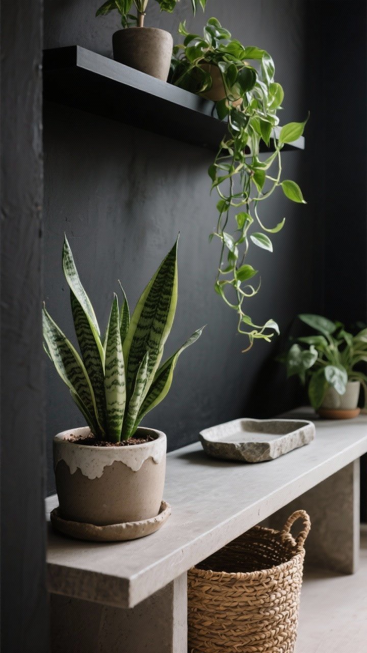 Detail shot: Plants and natural elements against black—ZZ plant and snake plant in raw-edge ceramic planters, trailing pothos cascading from a black floating shelf; a stone tray and woven basket on a low bench; soft natural light making the greens pop vividly against the dark wall.