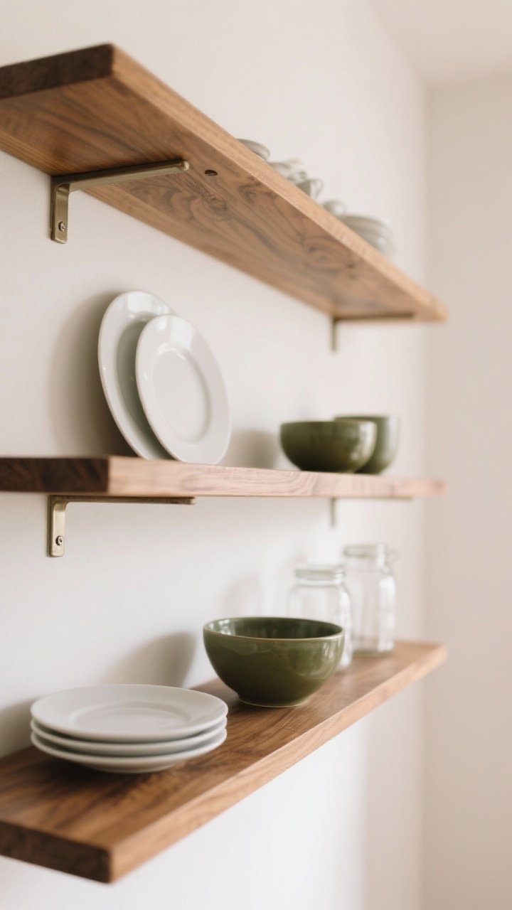Detail shot: Warm wood floating shelves mounted with hidden brackets against a white wall. Shelves styled with white plates, olive-colored bowls, clear glass jars, and generous negative space. Close, shallow depth of field highlighting wood grain and clean edges. Soft, warm ambient light.