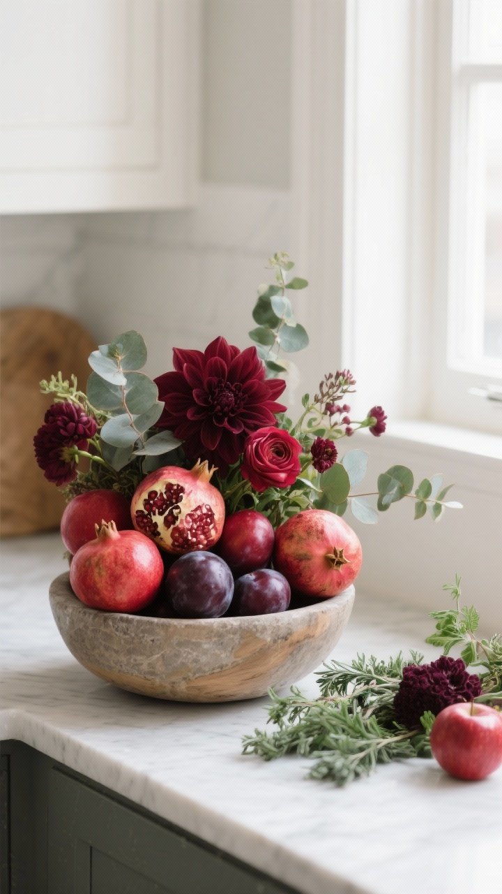 Detail still life on a counter: a stone or wood bowl piled with deep red apples, plums, and pomegranates; a loose bouquet of burgundy dahlias, eucalyptus, and ranunculus nearby; sprigs of deep green herbs scattered for contrast; soft daylight from a window producing gentle highlights and a fresh, seasonal feel.