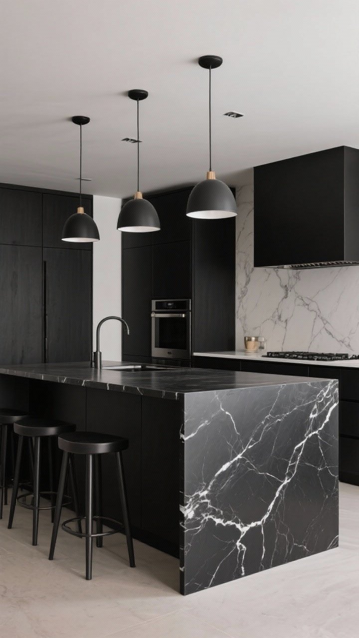Detail/three-quarter angle: A black countertop island with a precise waterfall edge, creating a sculptural, tailored look; dramatic veining continues over the edge (marble or quartzite), with hidden stools behind the waterfall; three simple pendants overhead, appliance panels matched to cabinetry, and a black steel hood echoing the finish; photorealistic.