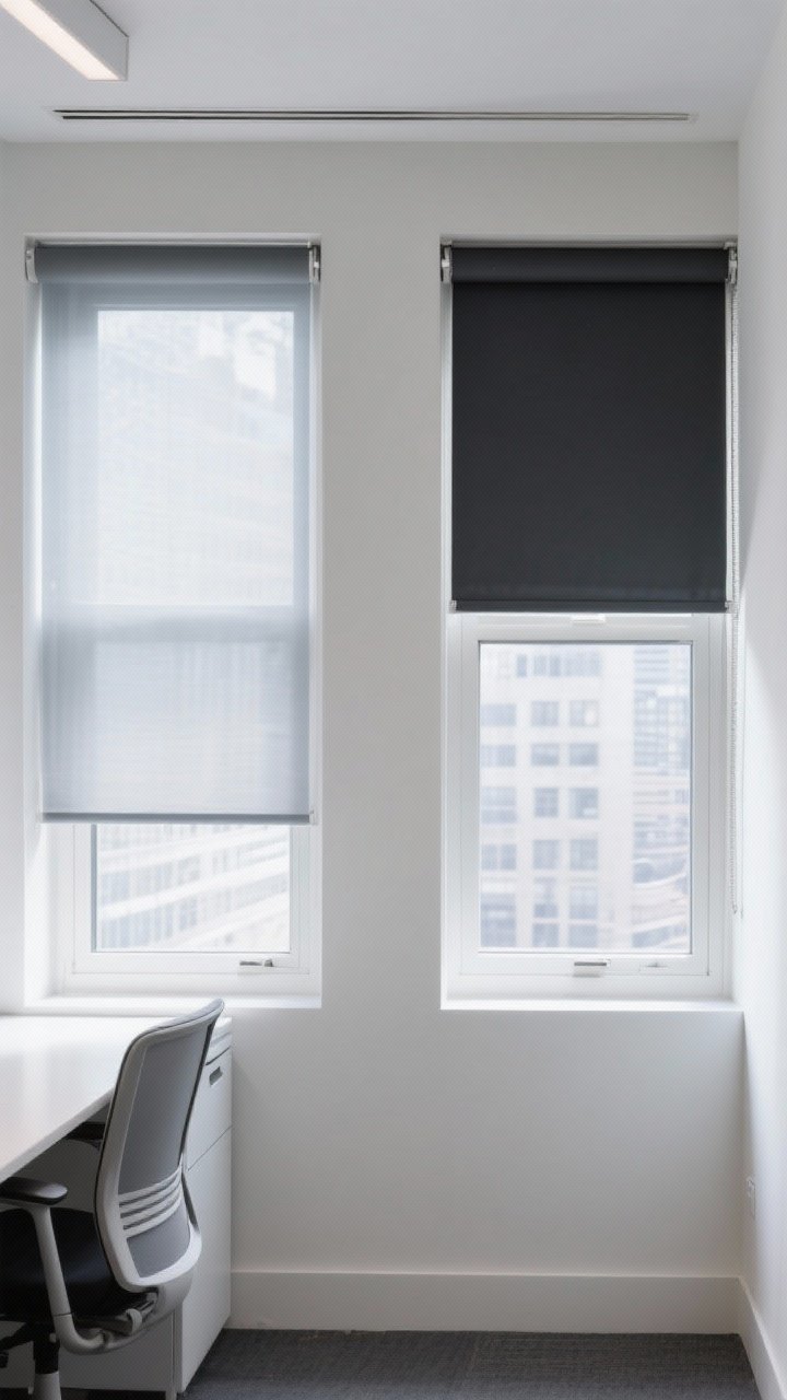 Detail-to-medium shot of sleek roller shades in a modern small-space office: one window with sheer roller softening light, another with light-filtering fabric blurring the city view, and a third partially lowered blackout shade. Shades color-matched to white trim, fabric-wrapped cassette concealing the roll, optional side channels on the blackout window. Crisp, minimal aesthetic, cool daylight. Straight-on perspective for clean lines.