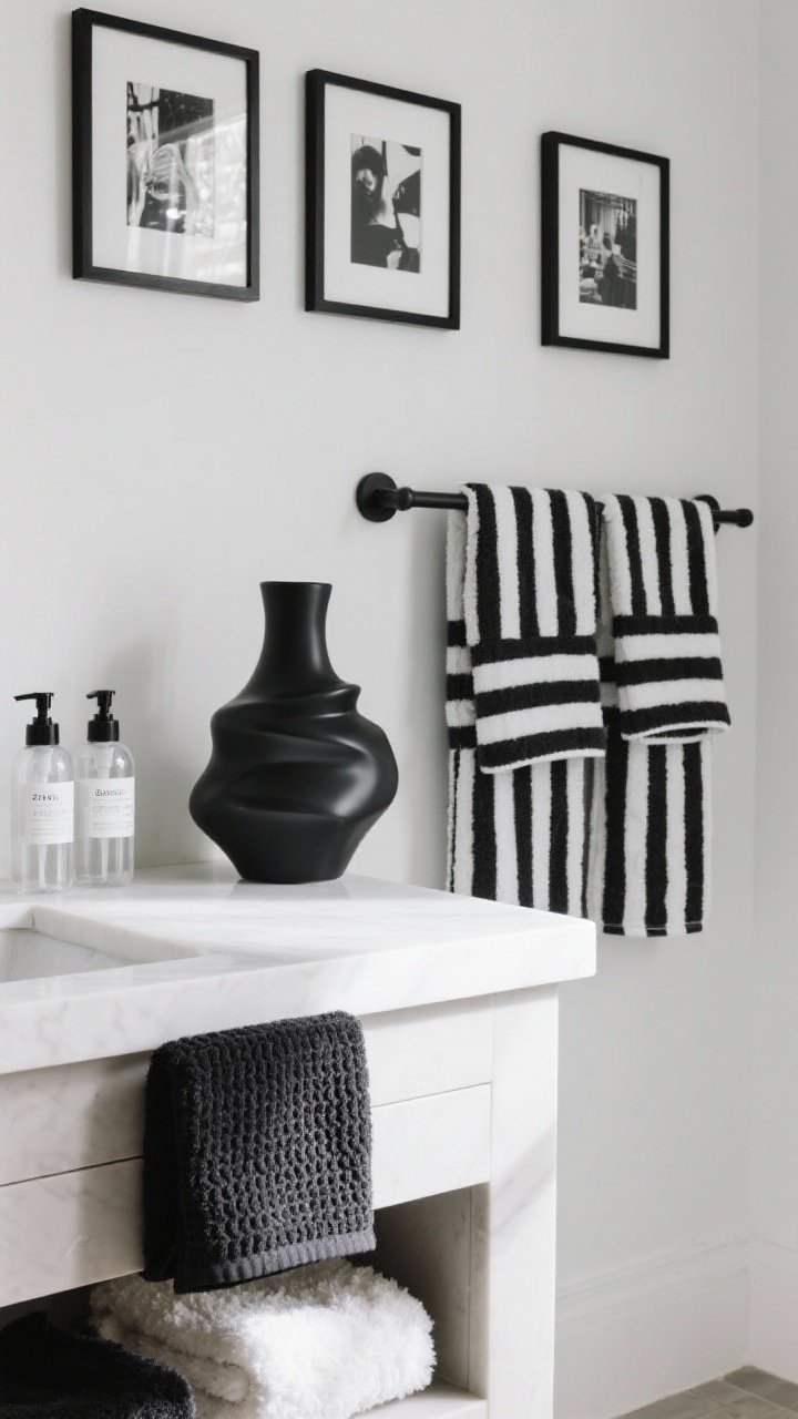Detail vignette: Art and accessories styling—trio of black frames with black-and-white photography above a towel rack, striped black-and-white towels, sculptural black vase on a white ledge; matching black or clear reusable soap bottles on the counter; high-contrast textures with a black waffle hand towel and white plush mat peeking in; soft, natural light for a polished boutique feel.