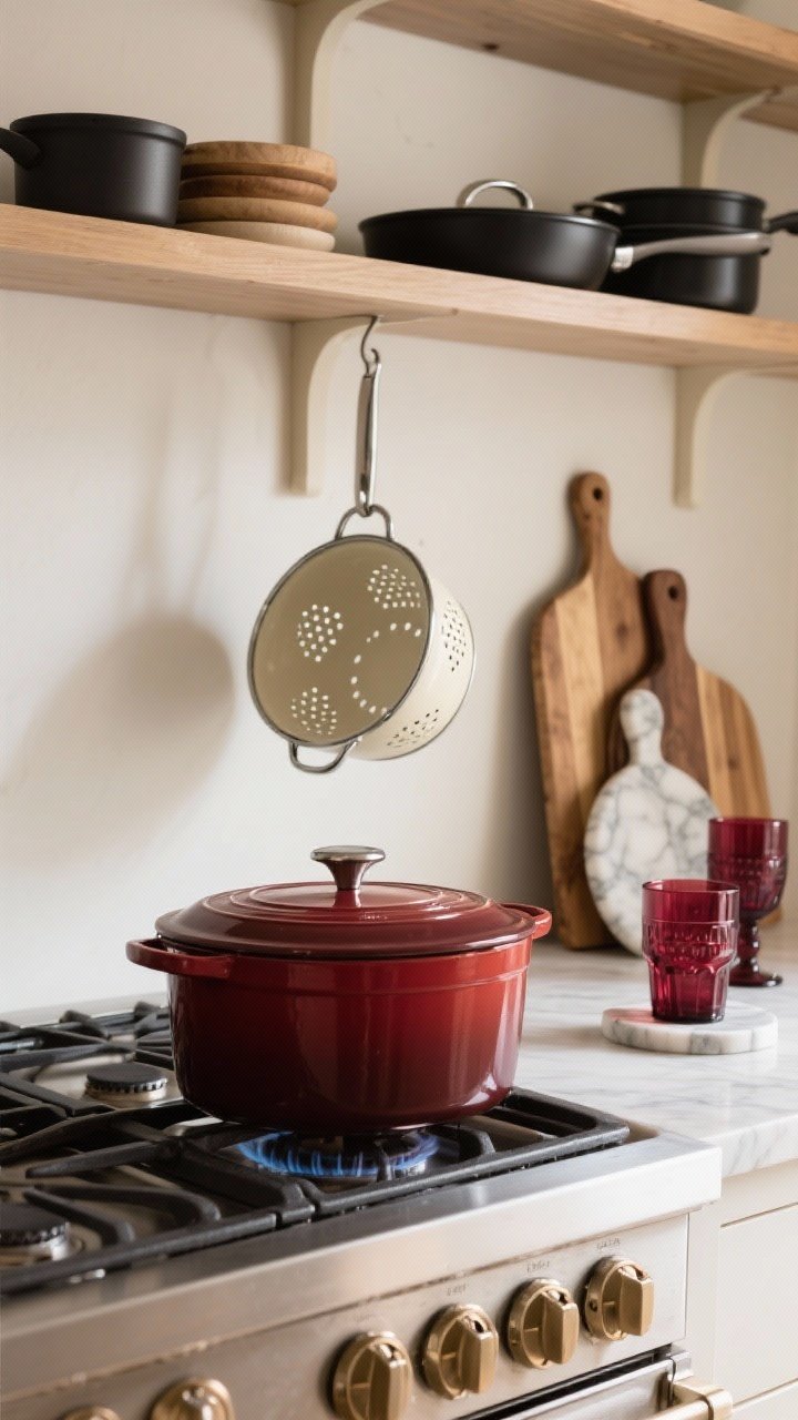 Detail vignette on open shelves and stovetop: a burgundy Dutch oven proudly on the burner, matching burgundy glassware nearby, and an enamel colander hanging from a hook; cream and black cookware as supporting pieces; wood cutting boards and a marble trivet stacked for texture; soft side light adding a subtle sheen to enamel and glass.