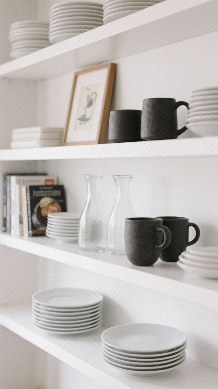 Detail vignette: Open shelving styled like a pro—white ceramic plates stacked neatly, black stoneware mugs, clear glass carafes, a few cookbooks, and a small framed art piece leaning against a white wall; cohesive palette with varied heights; gentle, diffuse natural light for a clean, edited look.
