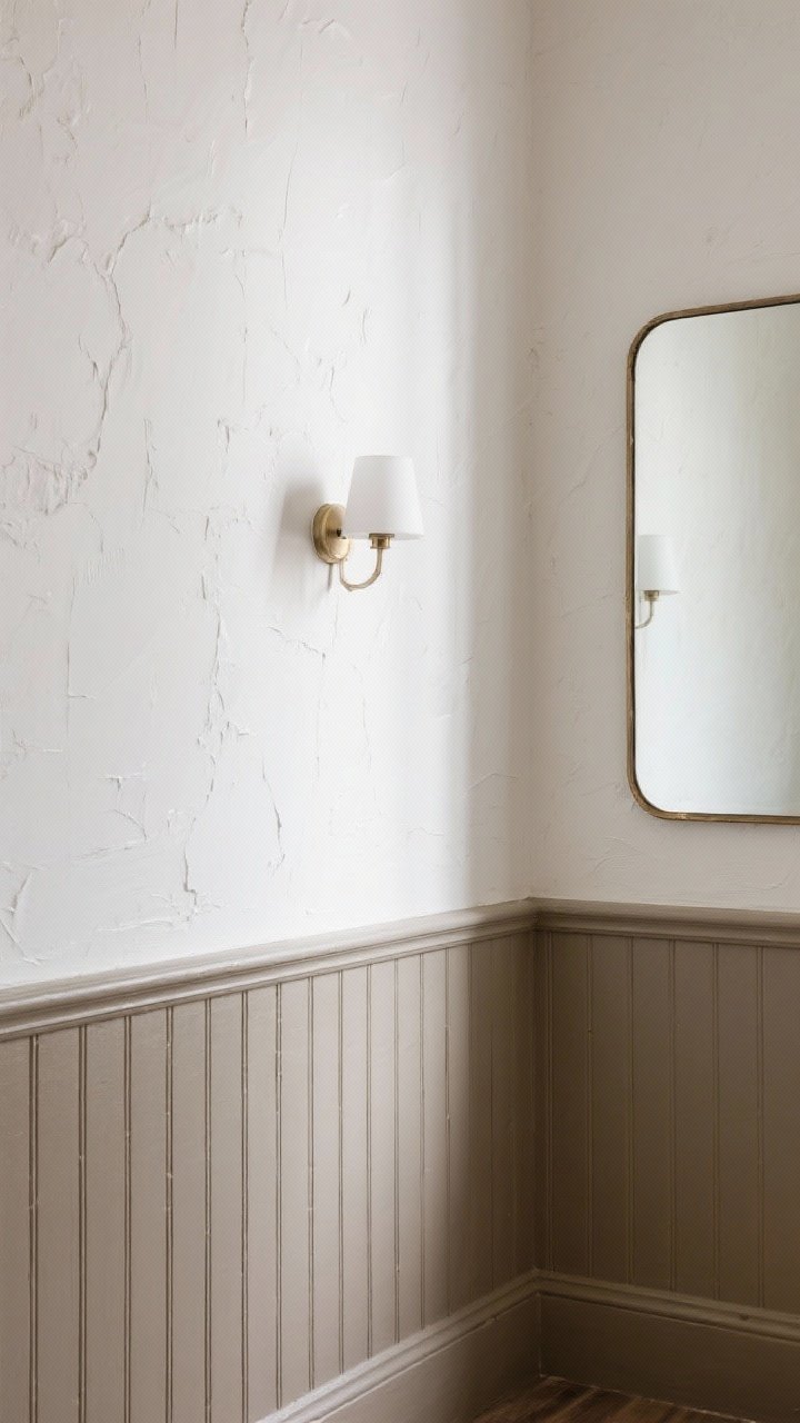 Detailed closeup of textured wall treatments: lower half in warm greige beadboard with a satin finish, upper half smooth white wall subtly washed with faux plaster paint for European rustic vibes; a simple single sconce and a clean thin framed mirror edge peeking in, natural side light highlighting depth and grain
