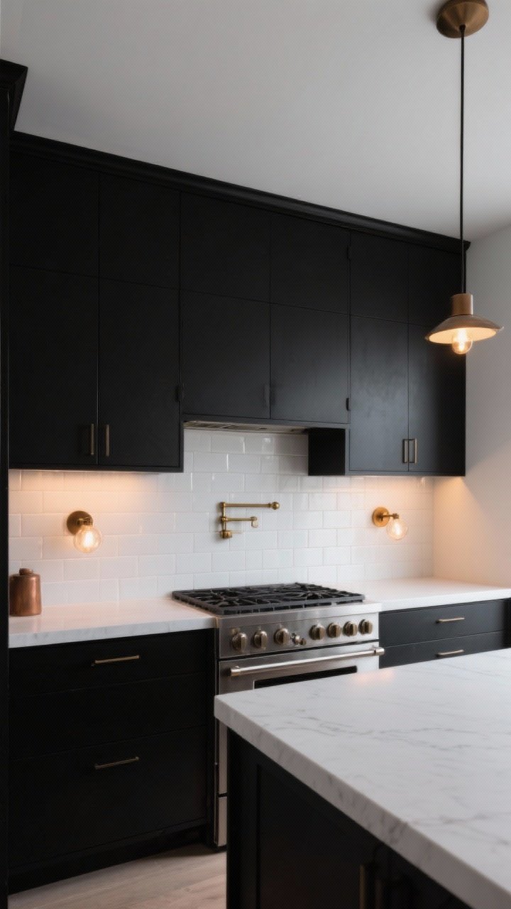 Dramatic wide shot of a minimalist kitchen with matte black cabinets and satin-matte finish to hide fingerprints; white counters and a bright white zellige backsplash creating strong contrast; warm brass hardware and bronze sconces; warm-toned bulbs casting a cozy evening glow to avoid a cave-like feel; simple, modern lines with a chef-style stainless range; straight-on, centered composition.