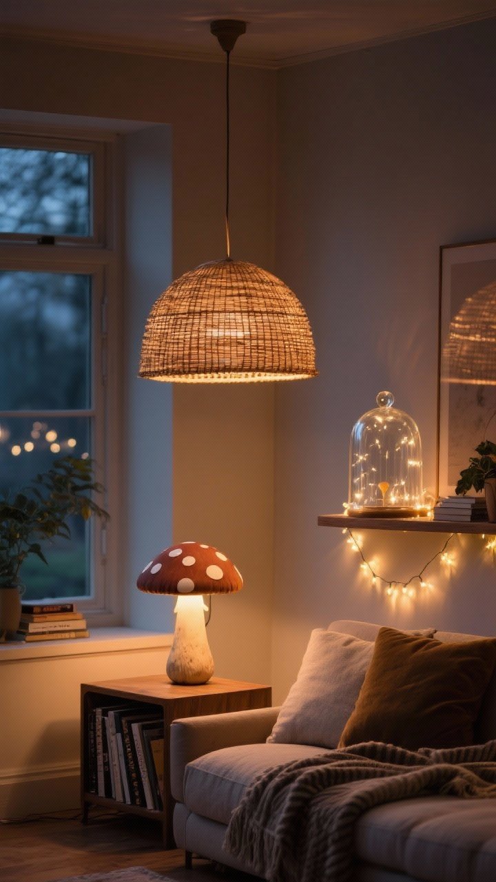 Evening medium shot focusing on layered magical lighting: warm-toned overhead light with a rattan shade for ambient glow, a quirky mushroom-shaped reading lamp on a side table for task lighting, and fairy lights tucked inside a glass cloche on a shelf for accent sparkle; include a dimmer-soft mood with cozy highlights on nearby books and textiles, no harsh shadows.