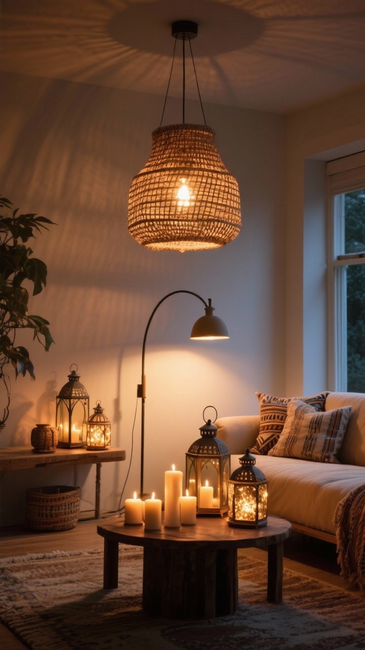 Evening medium shot highlighting layered lighting: a woven pendant overhead with a warm 2700K bulb for ambient glow, an arc floor lamp by the sofa for task lighting, and a cluster of lanterns and candles on a side table for accent sparkle; shadows are soft and flattering, cozy boho atmosphere.