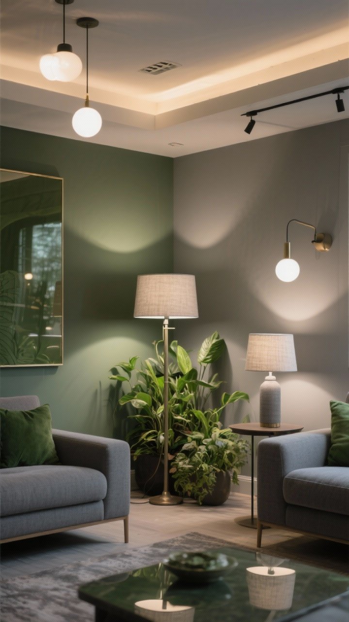 Evening medium shot: Layered lighting in a grey and green living room—warm white bulbs throughout. A floor lamp positioned to highlight a cluster of plants, two table lamps with linen shades softening grey tones, and overhead lighting on dimmers creating a warm ambiance. Subtle reflections on green accents. Mood: warm, adjustable, inviting.