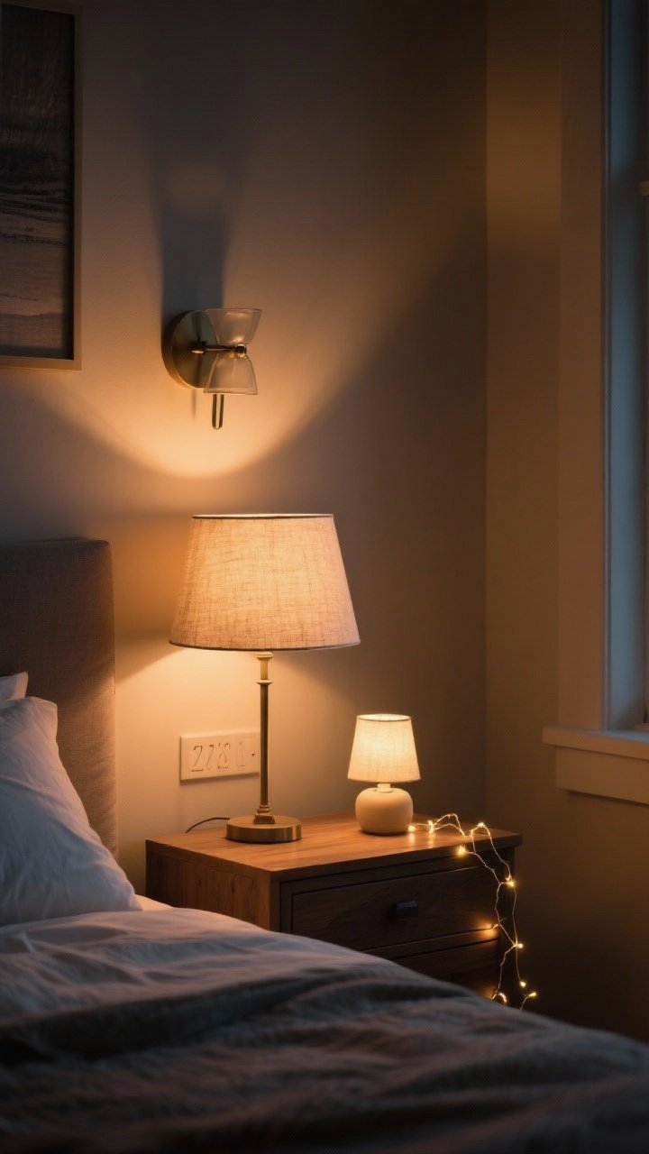 Evening scene, medium shot emphasizing layered cozy lighting: linen-shaded bedside lamp with a warm 2700K glow, a wall sconce above the nightstand to free surface space, and a petite lamp on the dresser creating depth; optional subtle string lights for whimsy; dim, ambient mood with warm pools of light and shadow; photorealistic, no people.