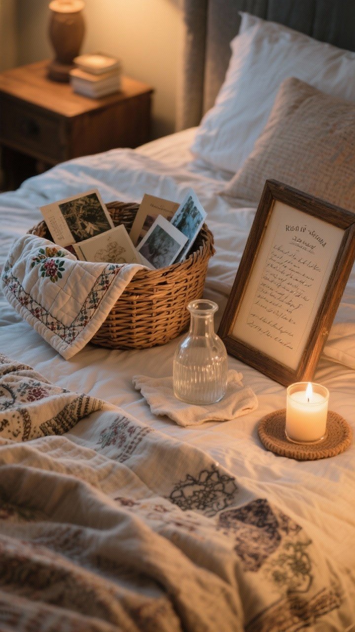 Intimate bedside still life, overhead angle: a woven basket with postcards and a folded heirloom quilt edge peeking out, a small framed handwritten recipe, a linen coaster with a glass carafe, and a favorite candle; layered textiles on the bed mixing inherited and new pieces; warm, cozy evening glow; photorealistic, no people.