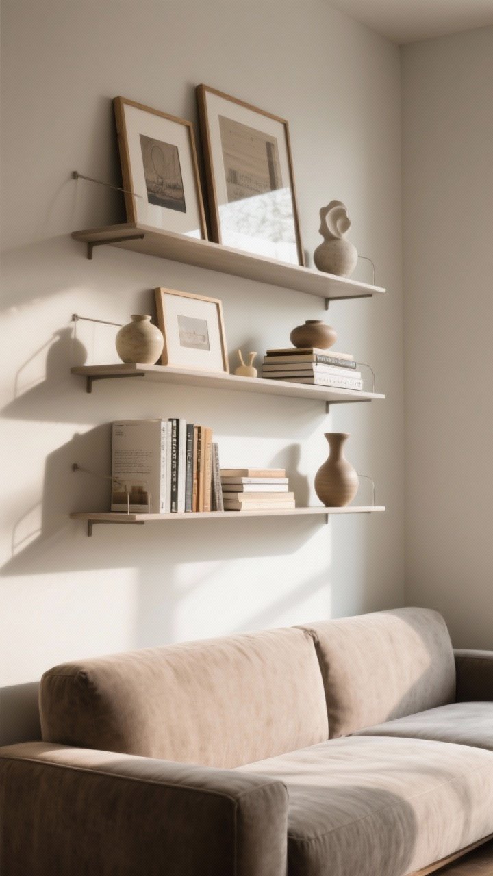 Medium-angle corner shot of floating shelves installed above a couch, styled for a layered look; shelves hold a mix of leaning frames, stacked books, small ceramic vases, and a sculptural object; groups of three objects per shelf; frames layered behind objects to create depth; varied heights using stacked books and taller vases; shelves hung slightly higher to clear a deep sofa; soft afternoon light with gentle shadows, photorealistic textures.