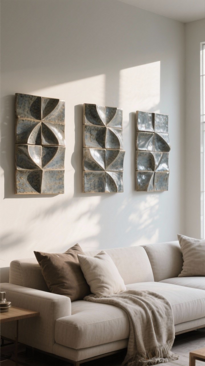 Medium, angled shot of sculptural wall art above the sofa: a trio of dimensional ceramic tiles or metal forms with repeating shapes/finishes; pieces create shadows and texture, breaking up rectangular frames; natural light from a side window casts dynamic shadows; soft textiles on the sofa (pillows/throws) balance the hard forms; crisp, photorealistic depth.