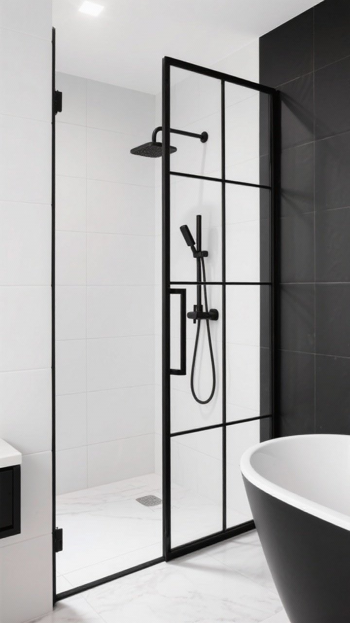 Medium architectural focus: Black-framed shower door with slim steel grid lines, coordinating matte black door handle and matching faucet set; optional black freestanding tub partially visible for a bold focal point; white tile and walls for contrast; slight corner angle emphasizing crisp lines and cohesive hardware harmony; bright, even lighting.