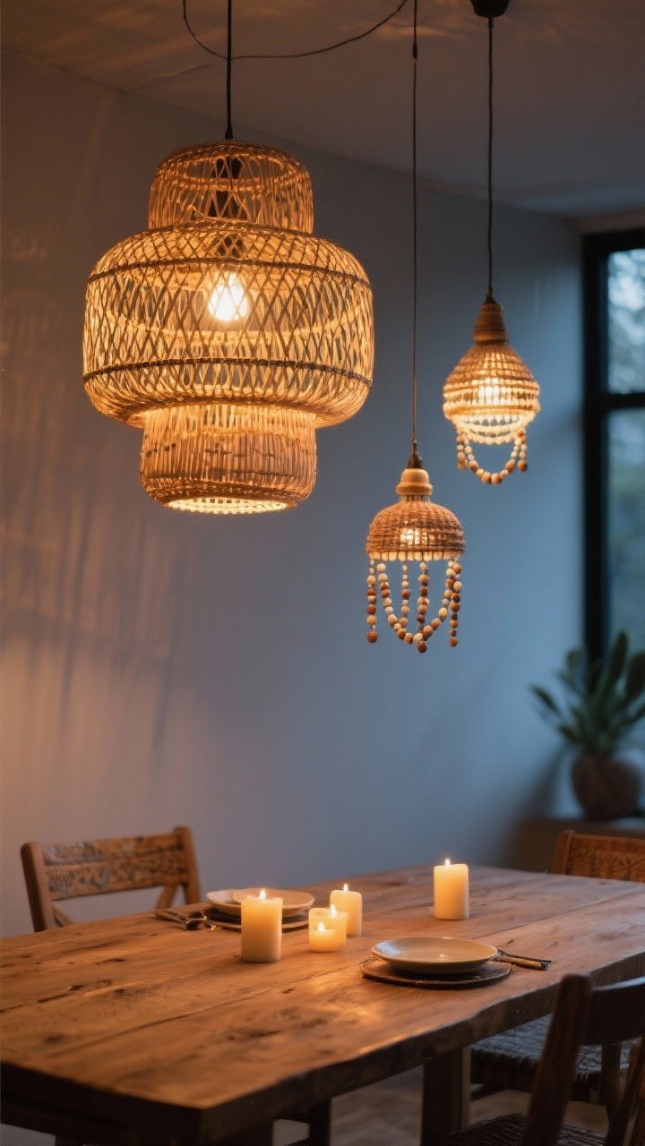 Medium close shot from a slight angle: A boho dining table under statement lighting—an oversized rattan pendant as the focal point with warm dimmable LED glow, plus two smaller beaded pendants clustered at varied heights nearby for a casual layered look. Warm wood table set simply, ambient evening lighting creating a cozy, candlelit vibe without actual candles.
