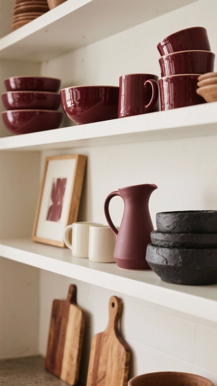 Medium closeup of open kitchen shelves styled with layered burgundy ceramics: matte and glossy bowls, pitchers, and mugs; interspersed with cream pieces, warm wood cutting boards, and black stoneware for depth; a small framed print leaning casually on the shelf with burgundy tones; gentle afternoon light creates a cozy, curated atmosphere.