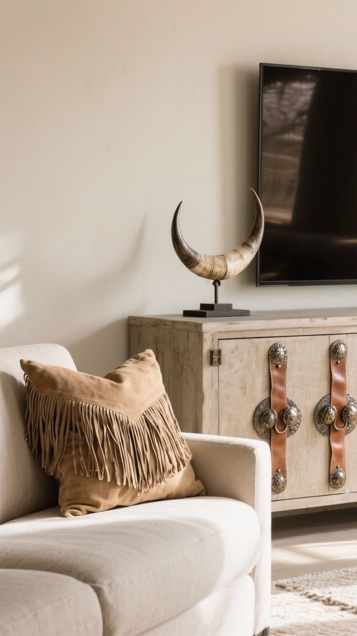 Medium closeup of subtle Western motifs: a fringed pillow on a neutral sofa, a faux horn sculpture placed on a console, and a media cabinet fitted with leather pulls and hammered metal knobs; restrained, tasteful arrangement with soft natural light, ensuring the motifs feel like hints rather than costumes.