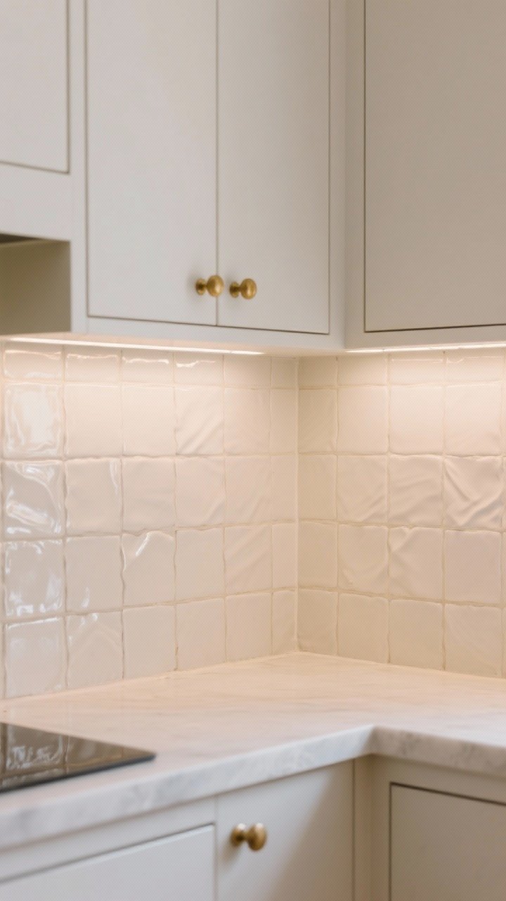 Medium corner angle focusing on a backsplash of white square zellige tiles (3x3), tight grout lines, with subtle glaze variation and wavy handmade texture. White cabinets, warm brass hardware, and soft under-cabinet lighting creating a pearly sheen on the tiles. Tone-on-tone, layered minimalism; photorealistic, cozy warmth without color.