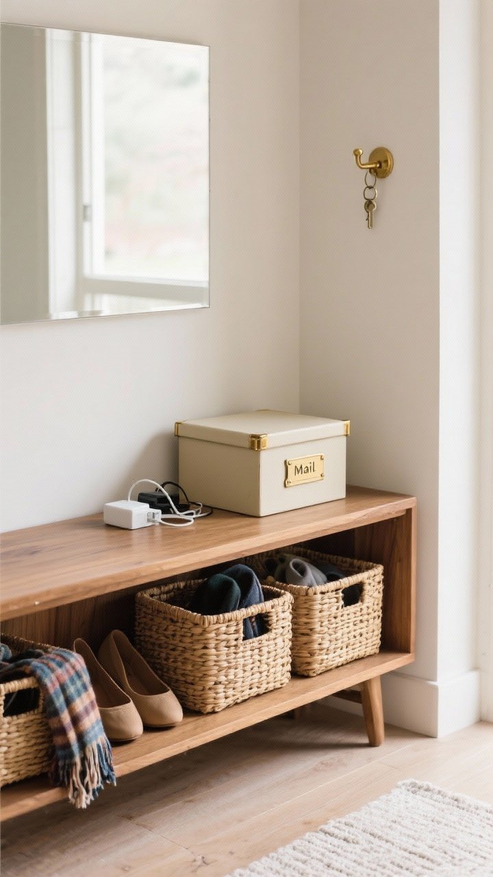Medium corner-angle shot balancing function and style: baskets tucked neatly under the console for scarves and shoes, a closed lidded box on the table labeled for mail and chargers, tiny brass wall hooks at the side holding a single key ring; cohesive materials (woven baskets, wood, brass), calm daylight, organized and lived-in