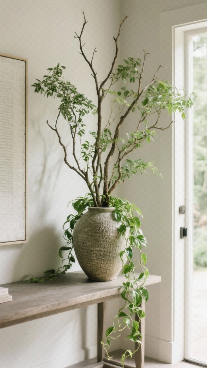 Medium corner-angle shot featuring fresh greenery: tall sculptural branches in a large textured ceramic vase on an entry table, a trailing pothos gently draping over the edge; natural daylight enhances green tones; neutral background, minimal supporting decor; mood is airy and welcoming, green as a neutral