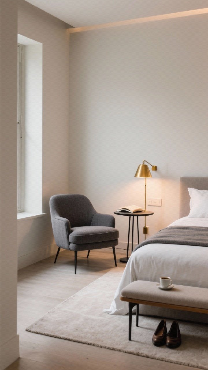 Medium corner lounge: Compact club chair in charcoal fabric with a slim black metal side table and a warm brass-accented floor lamp creating a cozy reading spot. A narrow bench at the foot of the bed offers a place for shoes and coffee. Clear walkway and balanced proportions; soft, ambient glow.