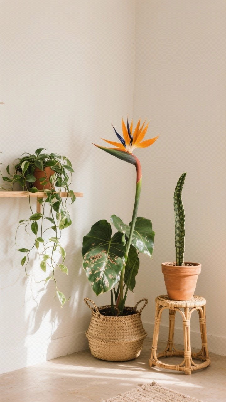 Medium corner shot: a cluster of three plants in odd numbers—tall bird of paradise in a woven basket for drama, trailing pothos cascading from a wall shelf, and a hardy snake plant in a simple terracotta pot; warm afternoon light, matte white walls, and a cane stool nearby; realistic leaves with subtle imperfections, arranged at staggered heights for a boho botanical vignette.