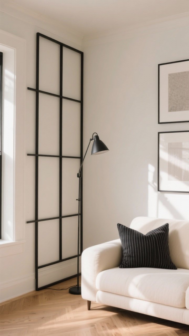 Medium corner shot adding soft contrast with dark accents: a pale neutral seating area grounded by black metal gallery frames in a grid, a slim iron floor lamp, and a charcoal stripe pillow on a cream sofa; light walls and natural wood tones keep it airy; gentle afternoon light creating subtle shadows; anchored yet calm atmosphere.