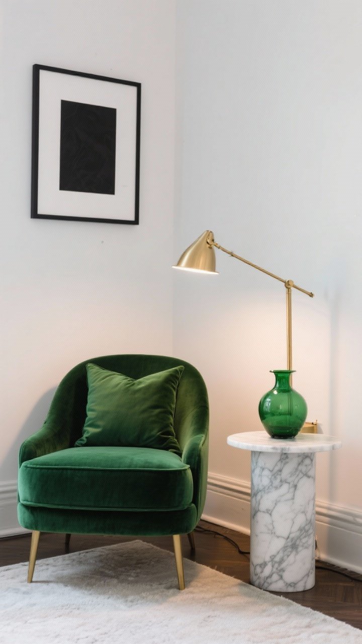 Medium corner shot featuring a single emerald or forest green accent chair in velvet beside a white wall with black-framed art; a brass reading lamp arcing over a small marble side table; a single green vase and one green pillow elsewhere to balance; polished yet cozy lighting