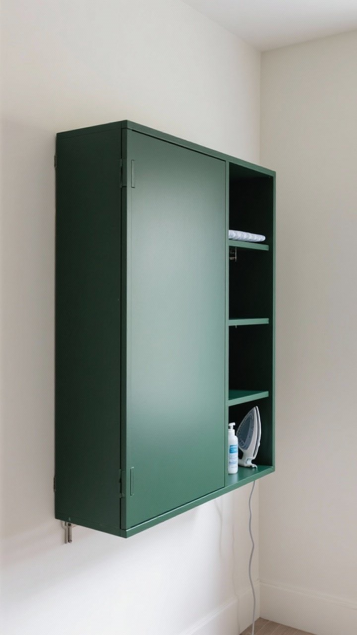 Medium corner shot of a wall-mounted ironing cabinet with the door closed, painted in a contrasting color (moody green) against light walls to create a chic focal; slim profile, integrated cubbies visible on a slightly ajar edge with spray starch and steamer; mounted securely into studs; clean, organized, functional mood.